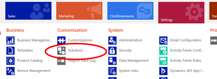Navigating to Settings, then Solutions in CRM