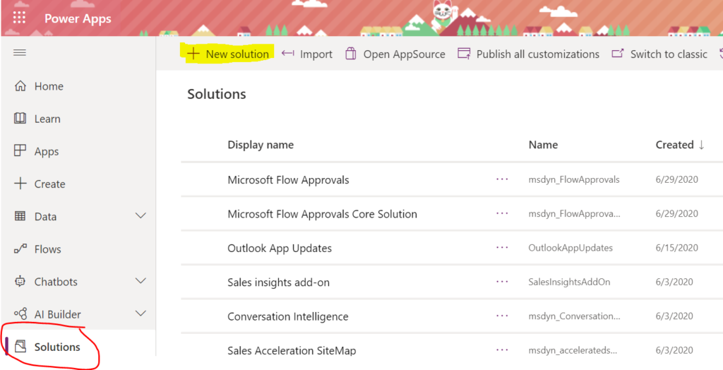 Adding a new solution file in PowerApps for Online customers.