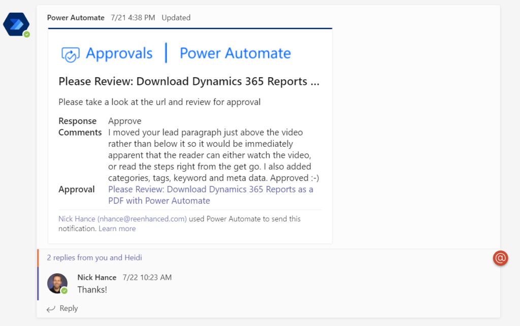 An example of an app integration for the "Approvals" app.