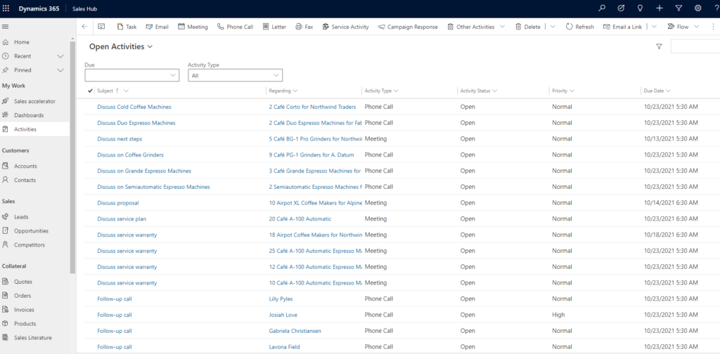 Standard system view for Open Activities in Dynamics 365