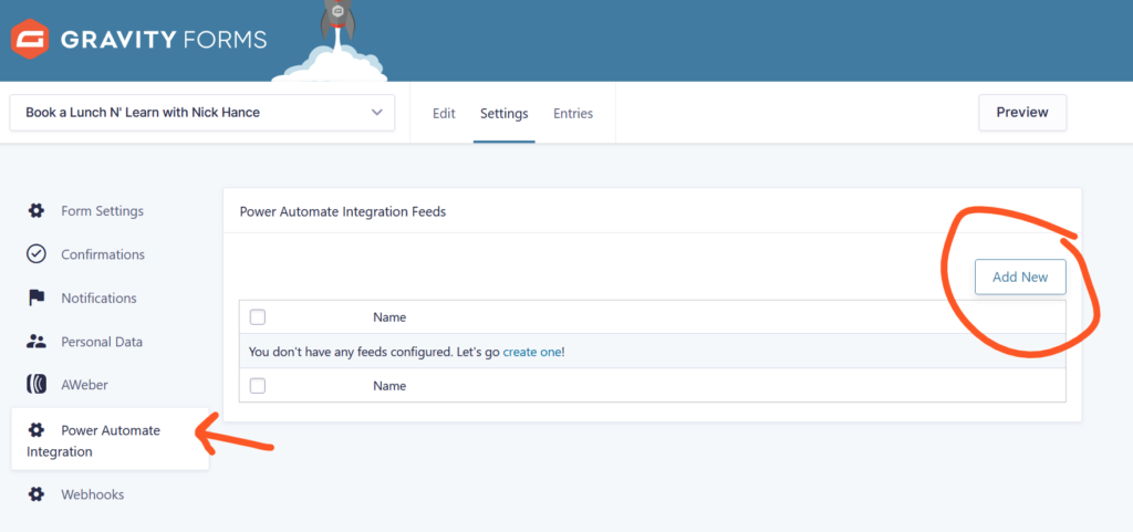 Set up a feed from your Gravity Forms Power Automate Integration settings page